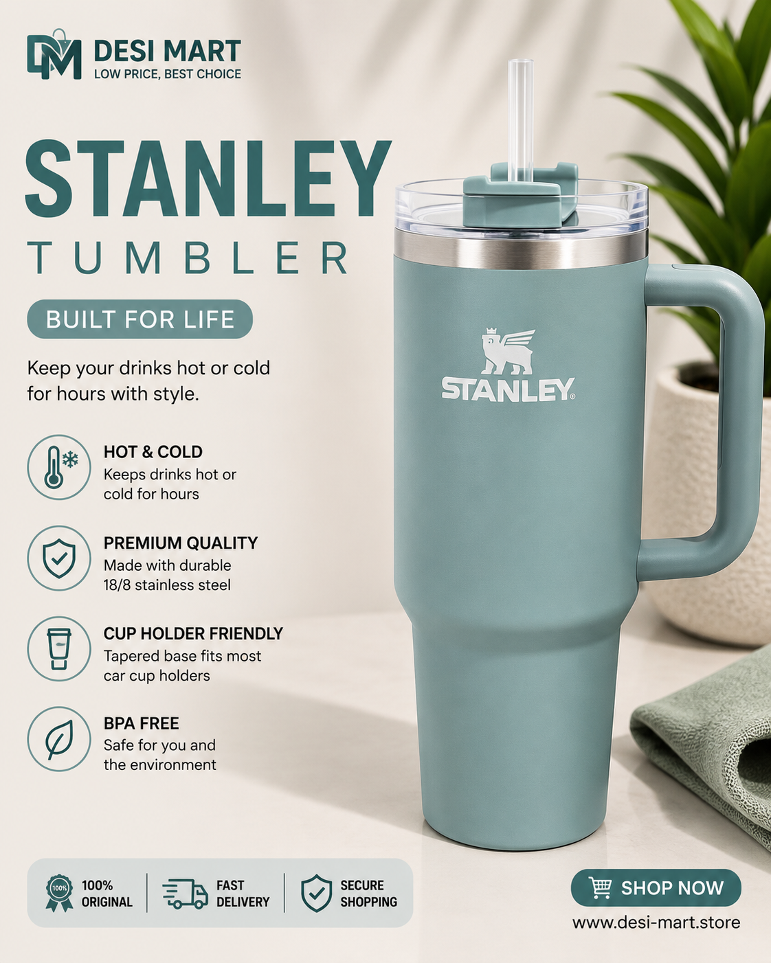 Stanley Quencher H2.0 FlowState Tumbler 40oz with Handle & Straw – Vacuum Insulated