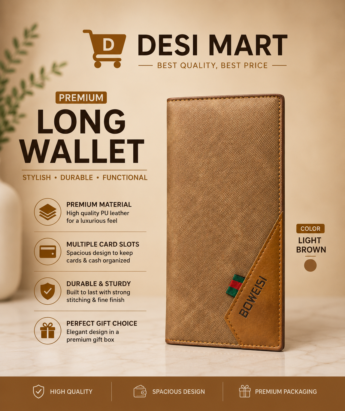 BOWEISI Premium Long Wallet for Men – Stylish Leather Card Holder & Cash Wallet