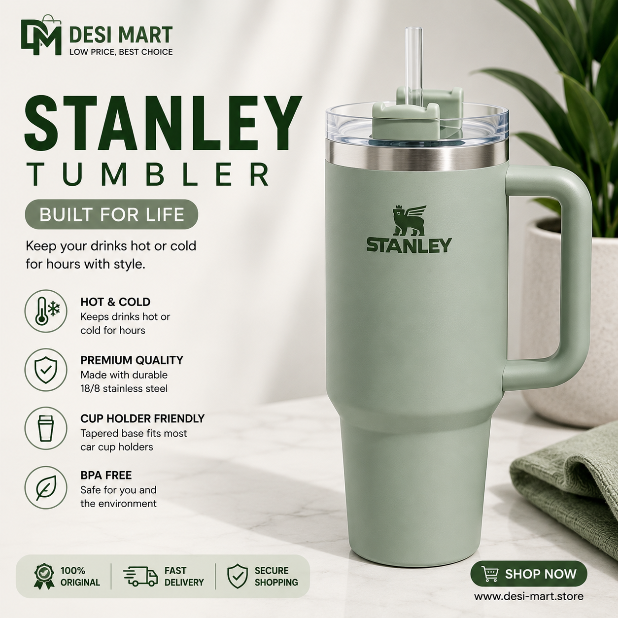Stanley Quencher H2.0 FlowState Tumbler 40oz with Handle & Straw – Vacuum Insulated