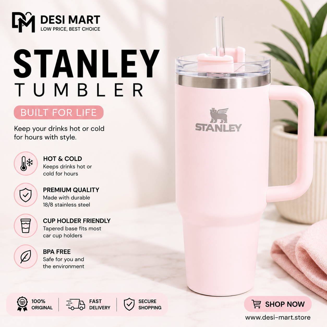 Stanley Quencher H2.0 FlowState Tumbler 40oz with Handle & Straw – Vacuum Insulated